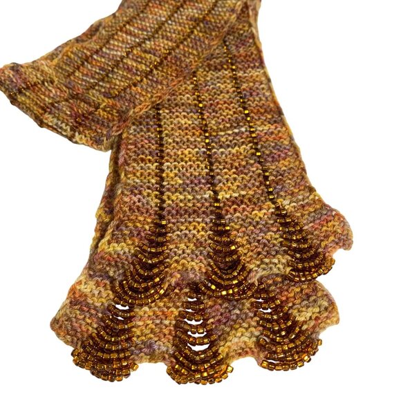 Beautifully Beaded Art Nouveau Scarf In Autumn Tones Scalloped Lined Bead Edges - Picture 3 of 3